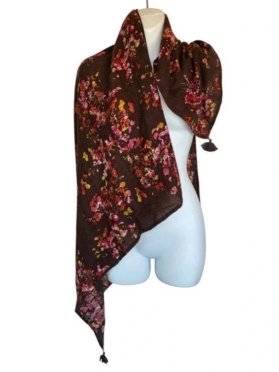 J Jill  Brown Floral Patterned Scarf, 2 Tassels, Buttery Soft! 38