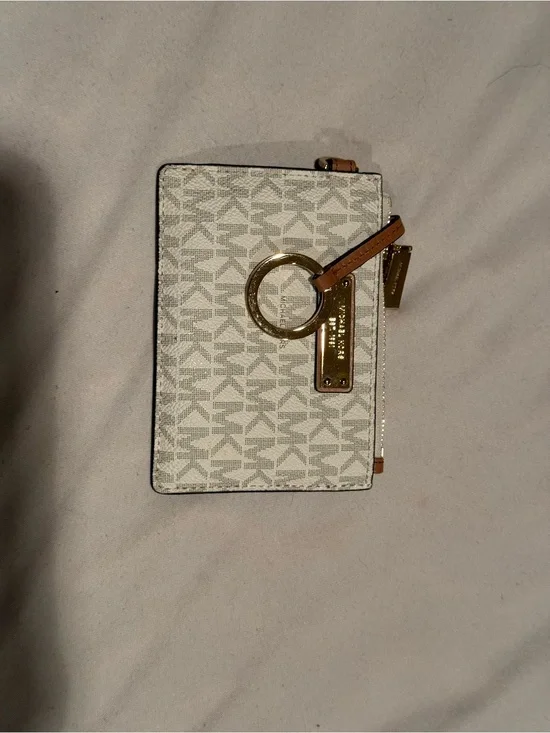 Michael Kors Cream Logo Zip Card Case with Tan Trim and Gold Hardware