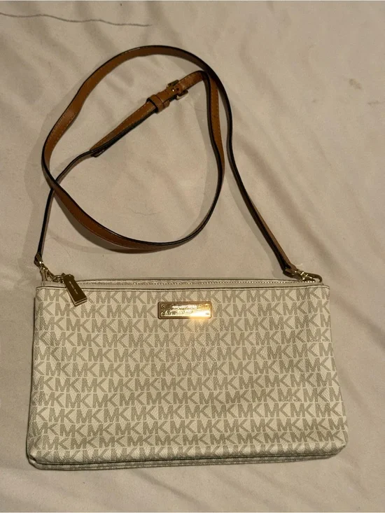 Michael Kors Cream and Brown MK Signature Crossbody