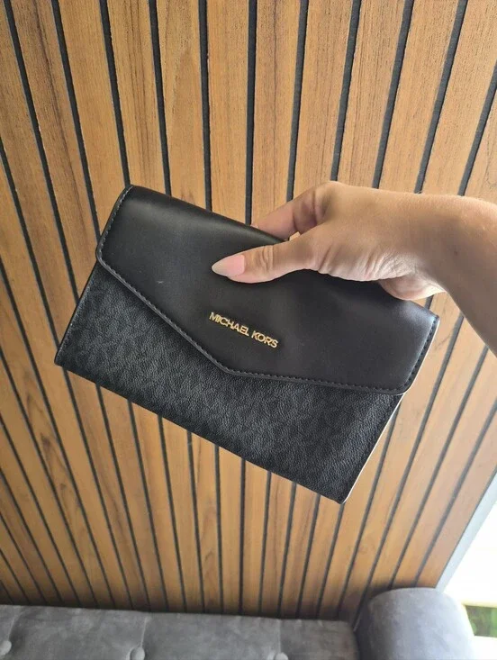 Michael Kors Black Leather Envelope Clutch Wallet with Gold Logo