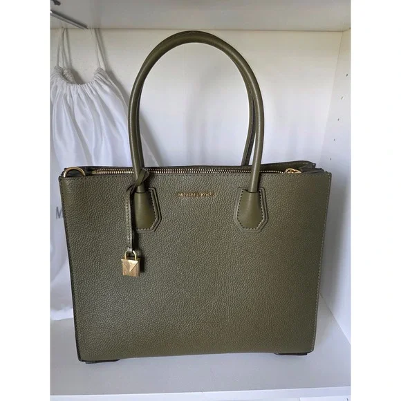 Michael Kors‎ Mercer Tote Women Large Olive Green Leather Accordion Bag