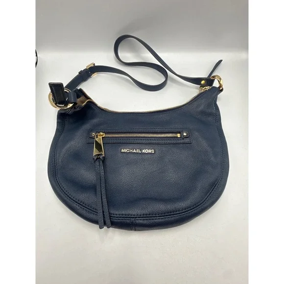 Michael Kors Bedford Navy Blue Pebbled Leather Crossbody Hobo Bag Gold Hardware