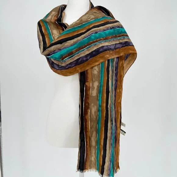 Vintage New STU Silk Fringe Scarf Wrap Stole Gold Teal Stripes 42 x 10