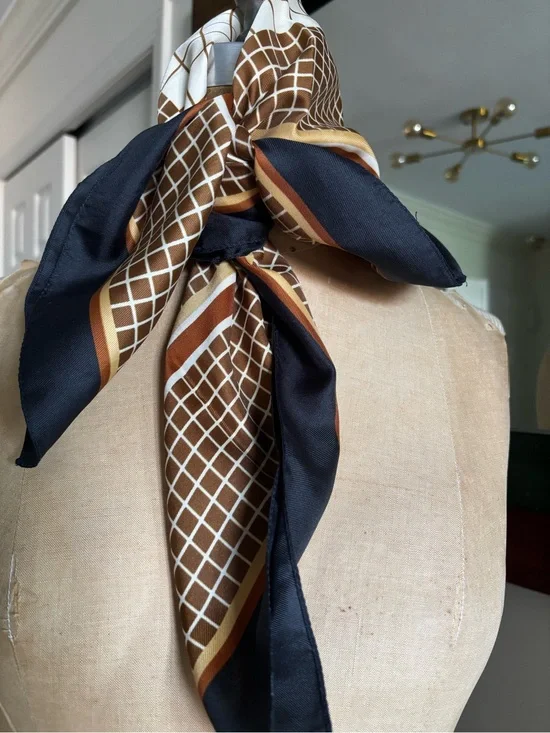 Silk-Feel Brown and Black Geometric Scarf