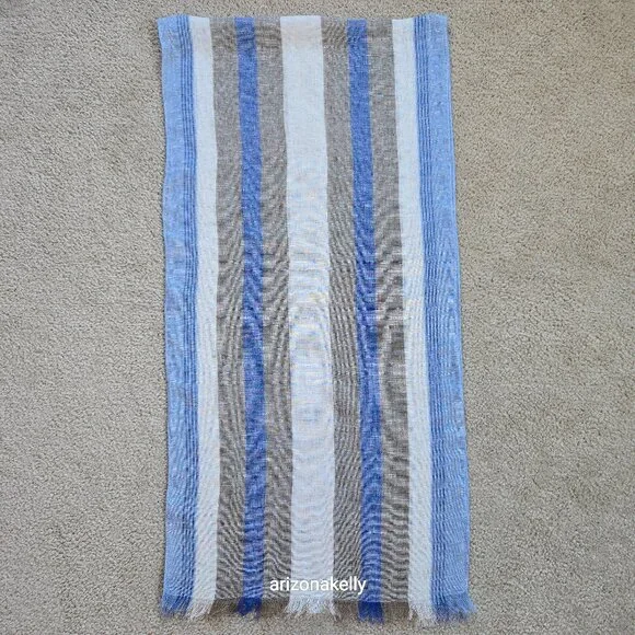 Puro Lino Linen Scarf Stripe Blue White & Taupe Italian Linen