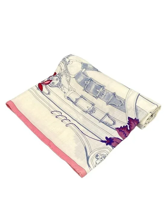 Hermes Shawl Carre 140 Ivory Navy Multi Cavalcadour Floral Pattern Cashmere