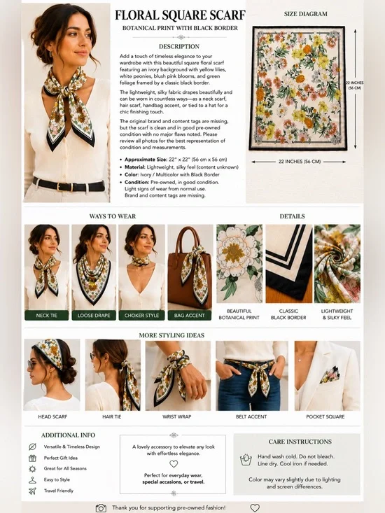 Vintage Style Floral Botanical Square Scarf 22x22 Ivory Black Border Hair Neck