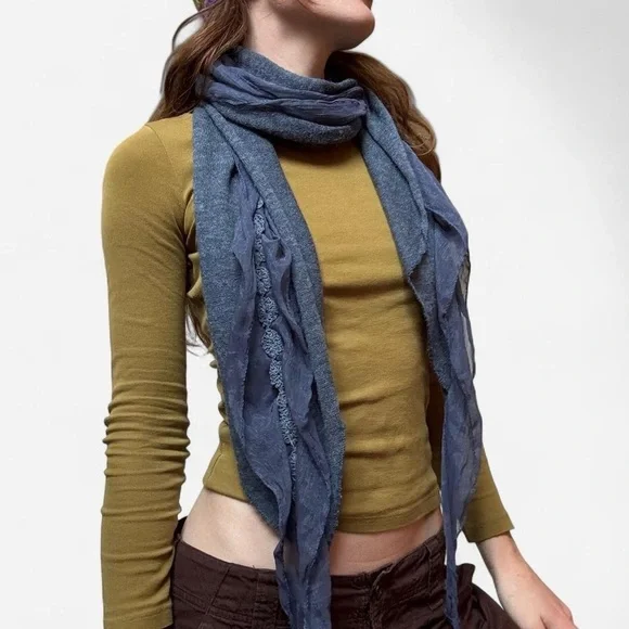 Blue gauzy embroidered scarf