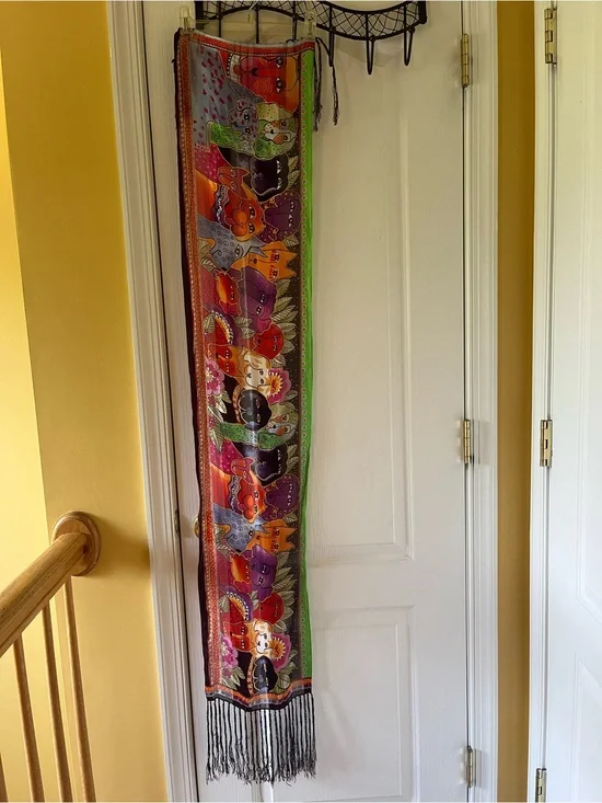 Laurel Burch Long Fringe Silk Scarf with Multicolor Cat Motif