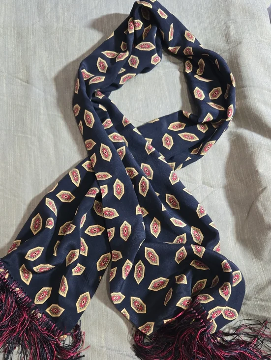 100% Silk Navy Geometric Fringe Scarf with Red and Gold Accents