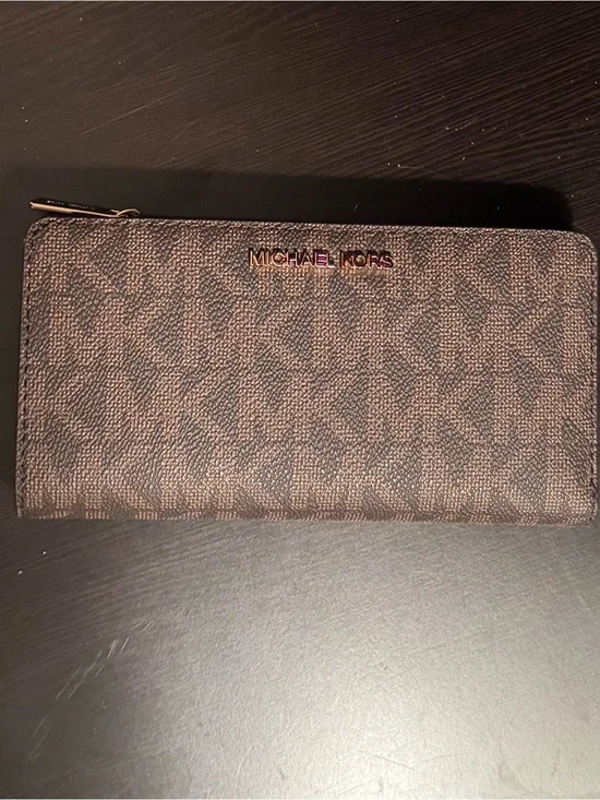 Michael Kors Brown Monogram Zip Wallet with Gold Logo