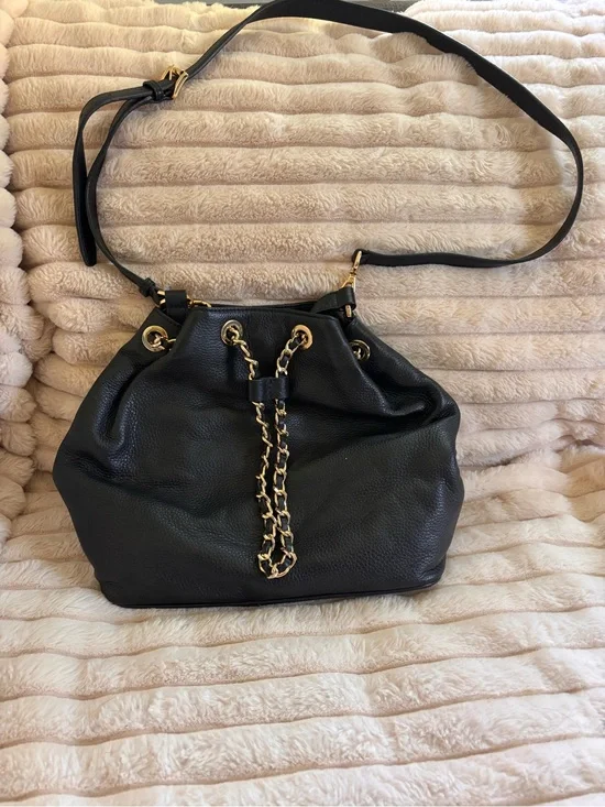Michael Kors Black Pebbled Leather Drawstring Shoulder Bag with Gold Chain