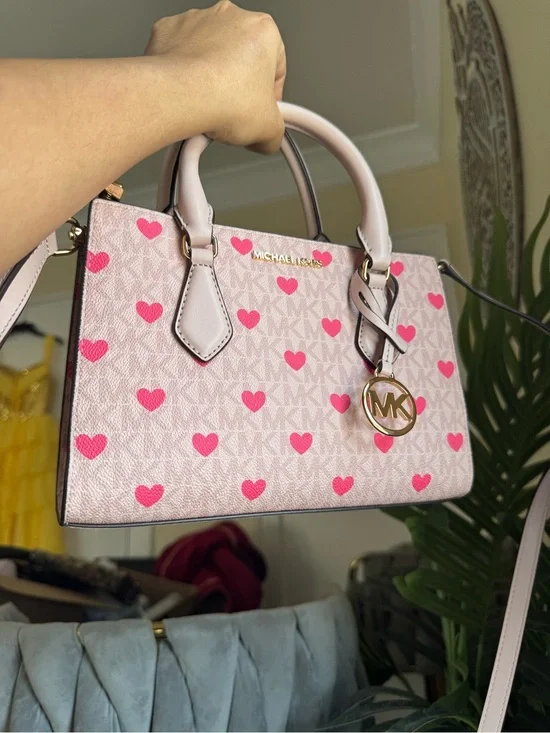 Michael Kors Pink Heart-Print Satchel with Gold MK Charm