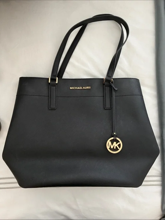 Michael Kors Black Leather Tote with Gold MK Charm