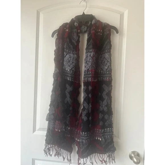 Burgundy Grey Black Geometric Textured Knit Fringe Scarf Oversized Winter Wrap