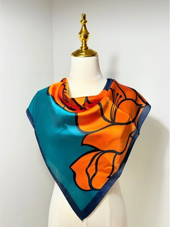 Elegant Floral Pattern Scarf in Vibrant Orange and Teal