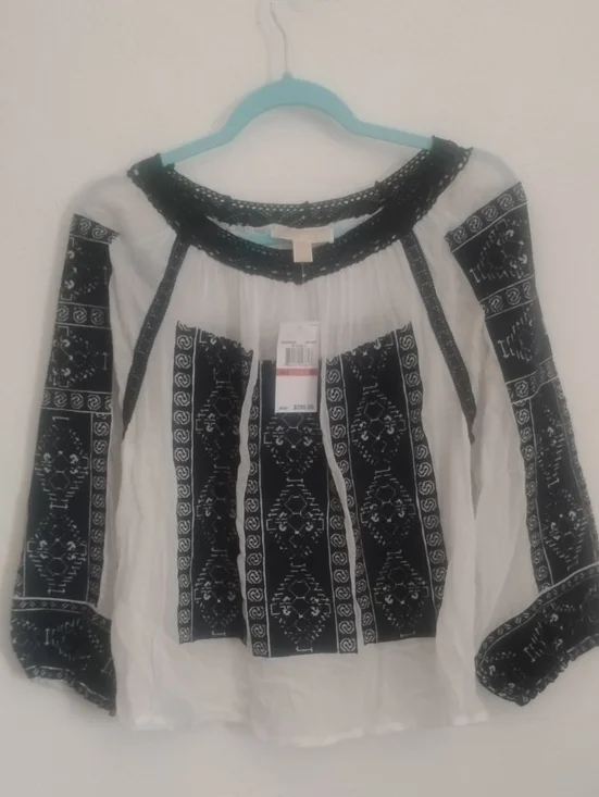Michael Kors White Boho Peasant Top Navy Embroidered NWT Sz XS