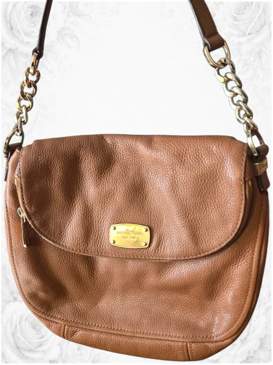 Michael Kors Tan Pebbled Leather Shoulder Bag with Gold Hardware Chains