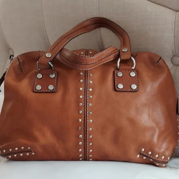 Michael Kors Cognac Leather Stud-Accent Satchel