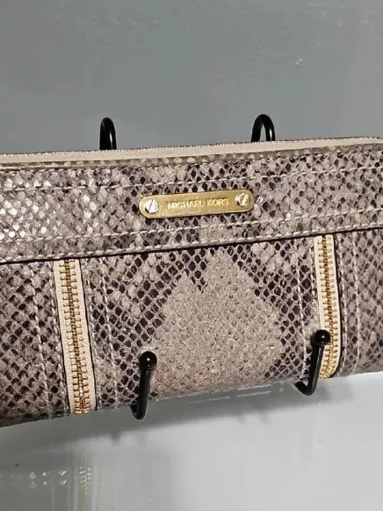 Michael Kors Taupe Snake Embossed Zip-Around Wallet with Gold Hardware
