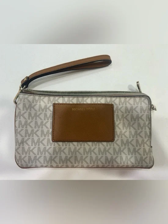 Michael Kors Cream and Brown Logo Wristlet with Leather Patch. Great condition!