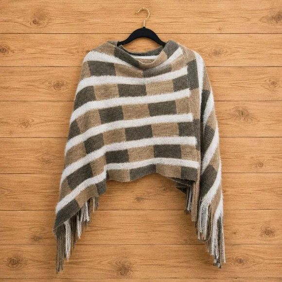 Geometric Earth Tone Fringe Poncho Shawl Boho Cozy Wrap Cape Downtown