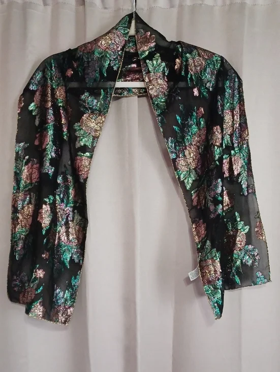 Vintage Elwin Japan Rayon Metallic Floral Oblong Scarf 60×10 Brocade Rosette