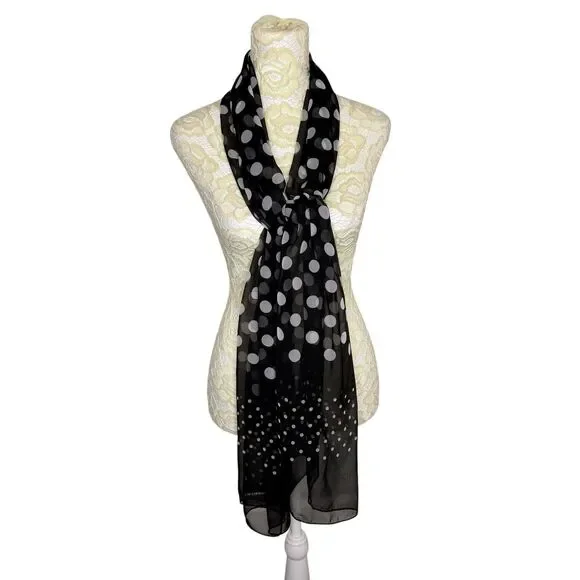 Liz Claiborne Sheer Scarf Polka Dot Black White Long Rectangle  20 x 70
