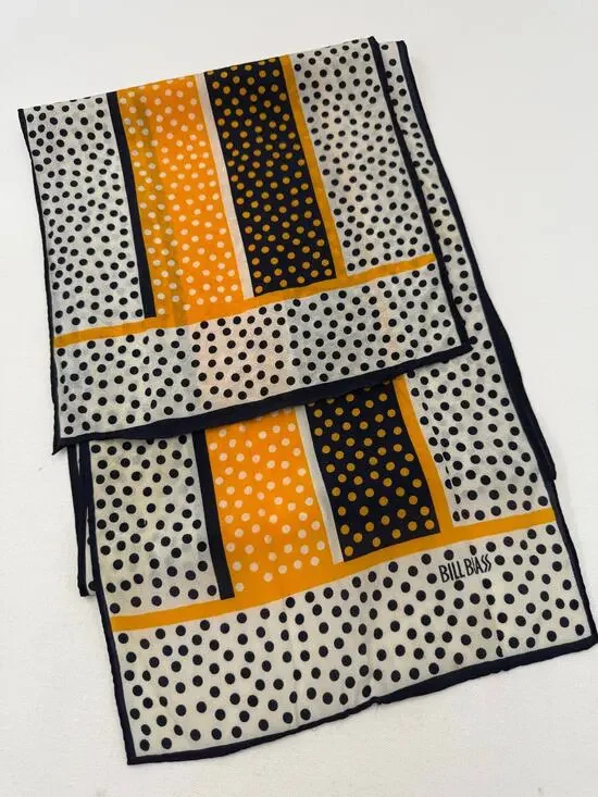 Bill Blass Vintage 90s Silk Polka Dot Oblong Scarf Navy Yellow 58 x 11