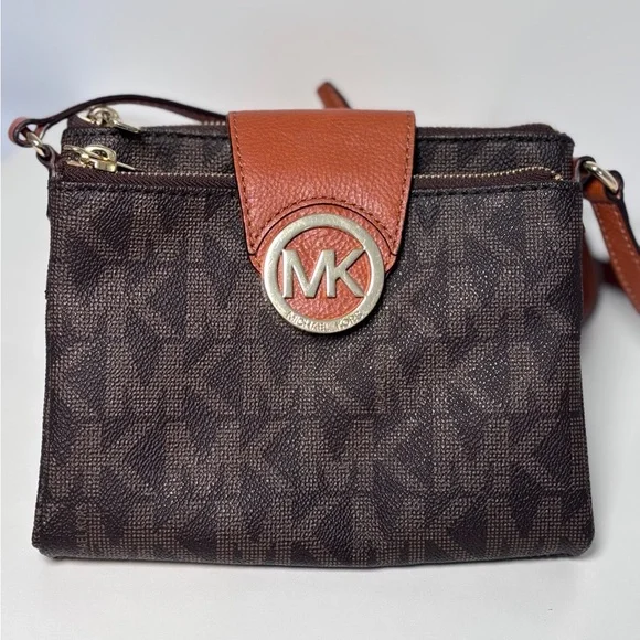 Michael Kors Brown Signature Coated Canvas and Leather Fulton Crossbody Bag