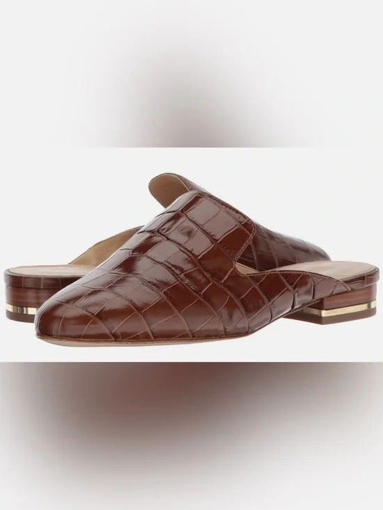 Michael Kors Natasha Embossed Leather Mules Slide On Clogs Luggage Brown size 9