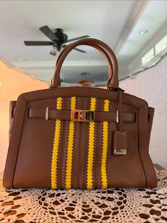 Michael Kors Brown Handbag with Yellow Woven Stripes