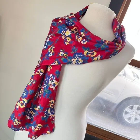 VTG Floral Silk Scarf Red Blue Yellow Long Skinny 11” x 54”