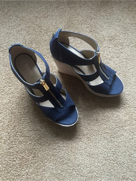 Michael Kors Navy Canvas Zip Wedge Berkley Sandals with Espadrille Heel