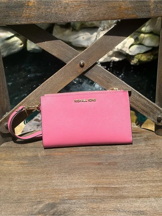 Michael Kors Pink Leather Wristlet Clutch with Gold Hardware