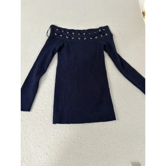 Michael Michael Kors‎ Sweater Womens Small Navy Off Shoulder Lace Up Ribbed Knit