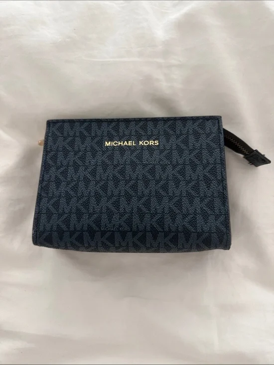 Michael Kors Navy MK Signature Zip Toiletry Pouch with Gold Logo