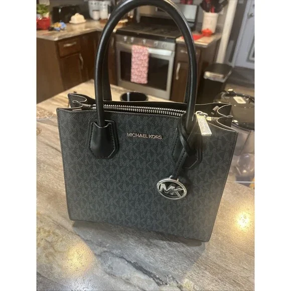 Michael Kors Mercer Medium Logo Zip Tote Black Signature MK Satchel Purse