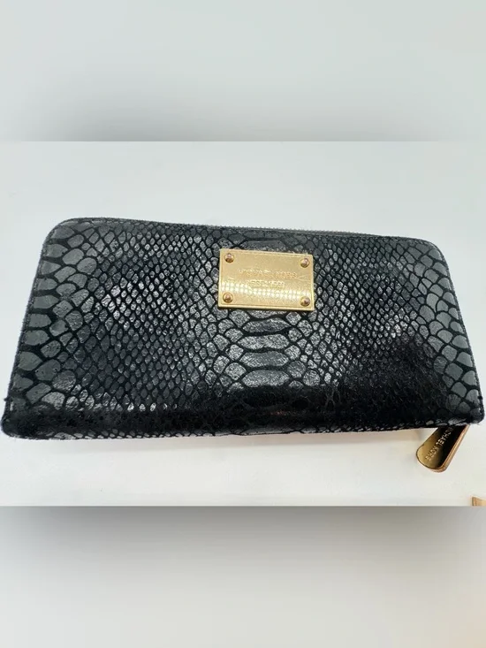 Michael Kors Black Snake-Embossed Zip Wallet with Gold Plaque