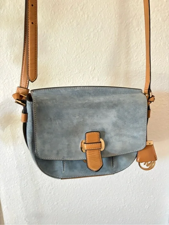 Michael Kors Blue Suede Crossbody with Tan Leather Trim