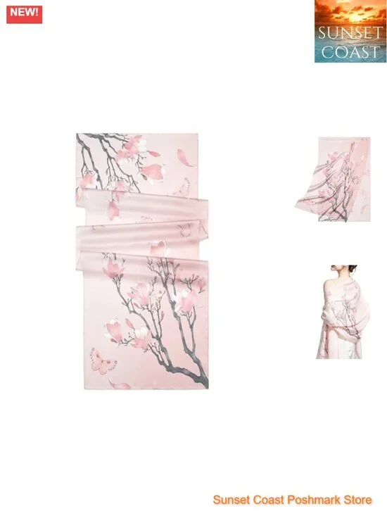 100% Mulberry Silk Floral Scarf – Lightweight Shawl Wrap, Oversized 70x21
