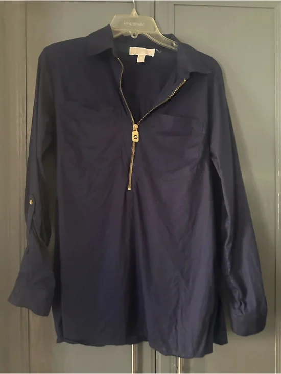 Michael Kors Navy Top with Gold MK Zipper M