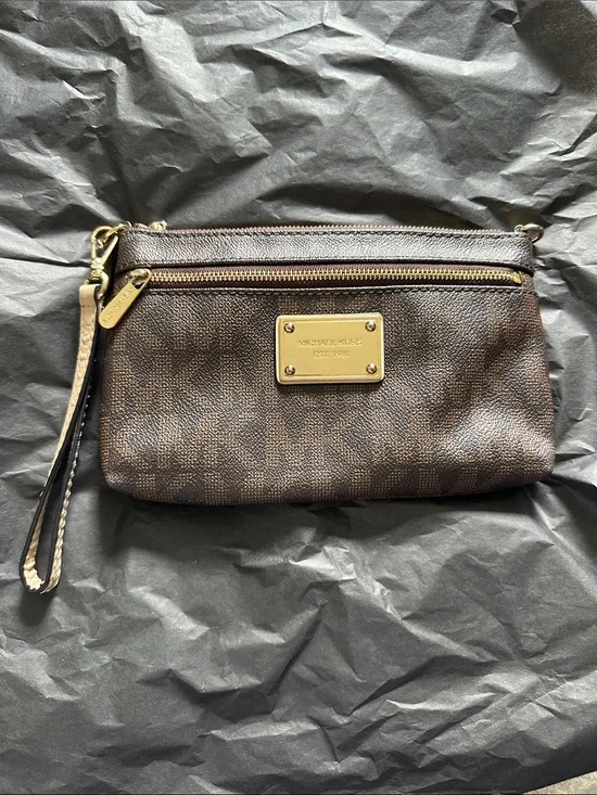 Michael Kors Brown and Gold Signature Wristlet Clutch