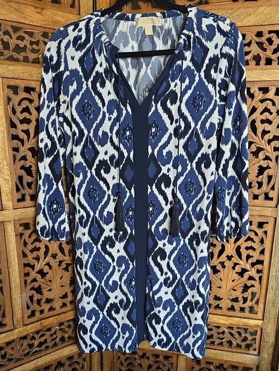 Michael Kors Navy and White Ikat Shift Dress