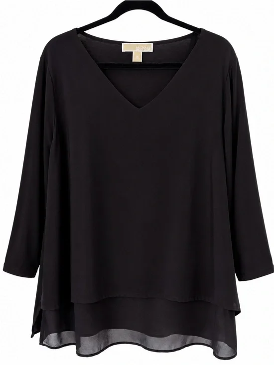 Michael Kors Black V-Neck Layered Blouse - Women's Top sheer 1X 3/4 sleeve cozy