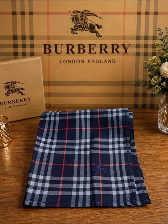 Burberrys Navy and Red Plaid Cotton Handkerchief