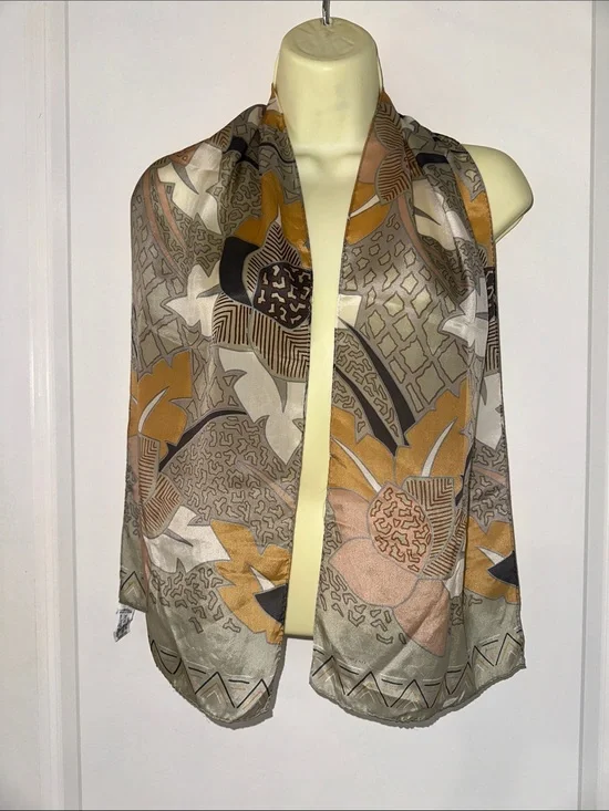 Vtg  80s Liz Claiborne Silk Scarf in‎ Gold, Pink & Gray Abstract Floral Print