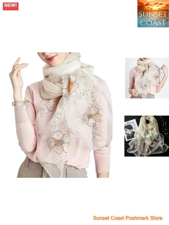 Mulberry Silk Blend Long Embroidered Floral Scarf Shawl Wrap Neckerchief