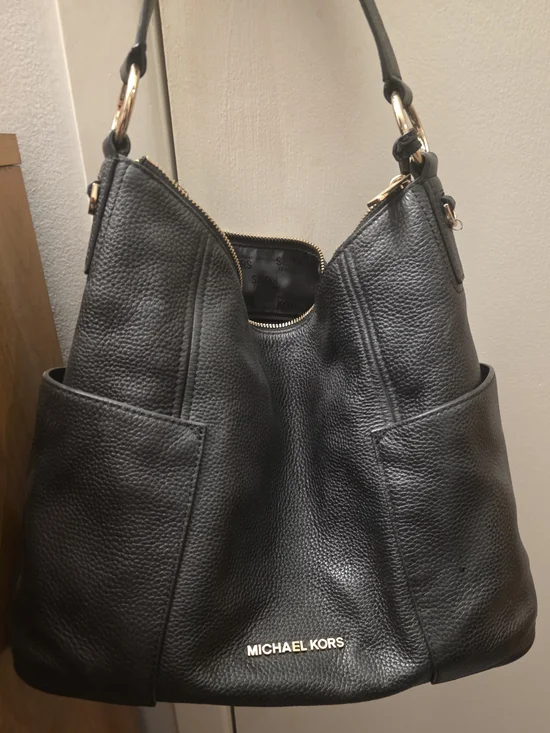 Michael Kors Black Pebbled Leather Hobo Shoulder Bag with Gold Hardware