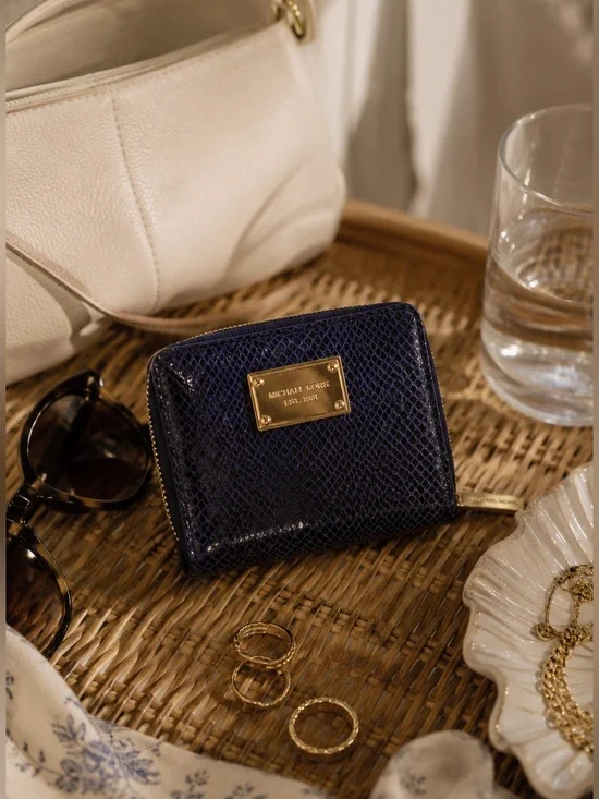 Michael Kors Blue Snakeskin EmbossedTextured Wallet with Gold Hardware